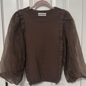 Anthropologie Elegant Brown Women's Top with Sheer Sleeves